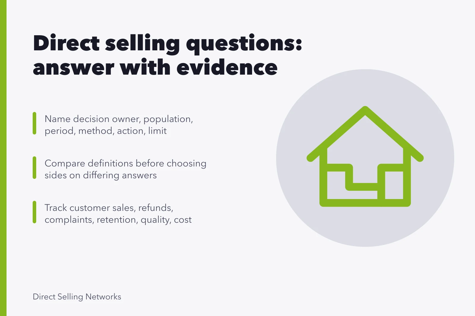 Card summarizing direct selling question decision record fields and review tests. Which direct selling questions come up most, and what the answers are