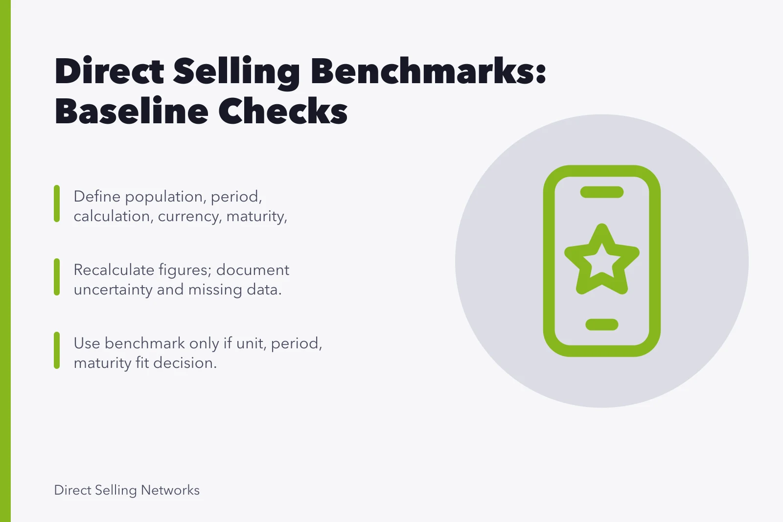 Card summarizing direct selling benchmark checks and comparison limits. Direct selling benchmarks: the baseline numbers worth tracking