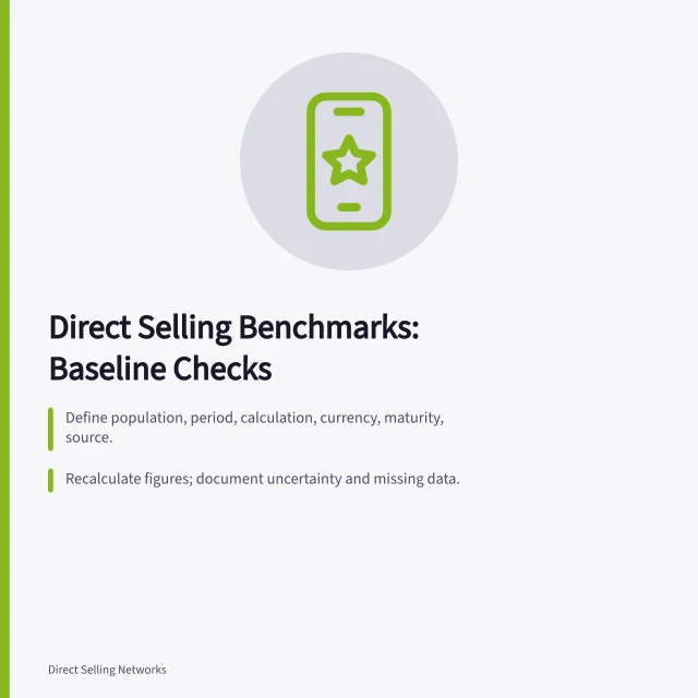 Card summarizing direct selling benchmark checks and comparison limits. Direct selling benchmarks: the baseline numbers worth tracking