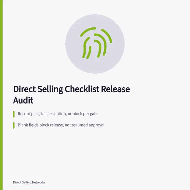 Checklist card showing pass, fail, exception, and block release gates. A direct selling checklist built around real audits