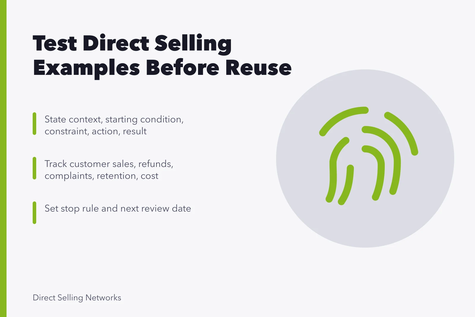 Card listing transfer test fields for reviewing direct selling examples. Real direct selling examples that hold up under scrutiny