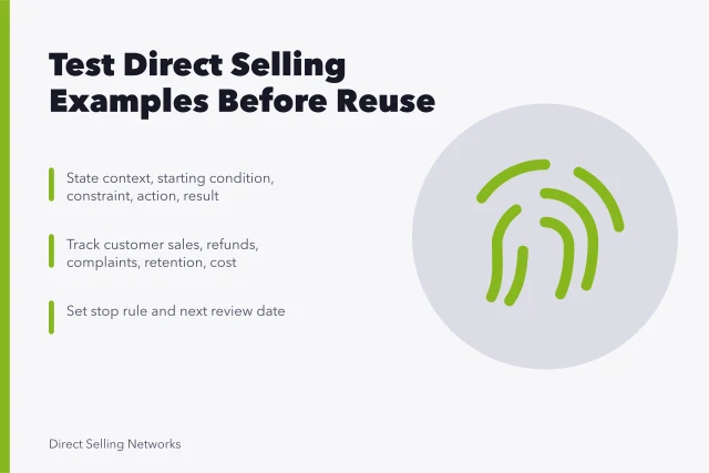 Card listing transfer test fields for reviewing direct selling examples. Real direct selling examples that hold up under scrutiny