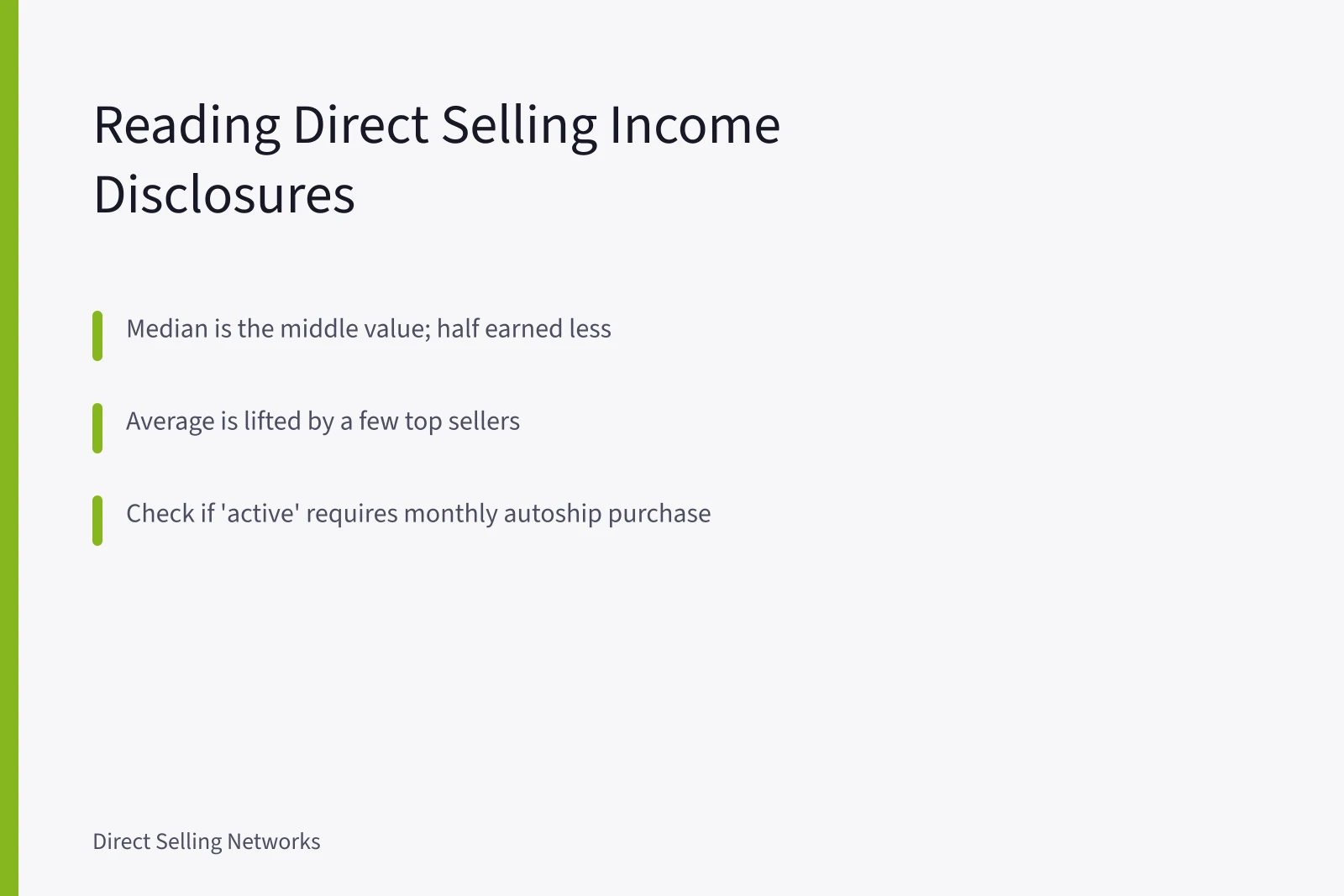 Income disclosure statement showing median versus average earnings and autoship costs. Direct selling income disclosure statements: how to read them before you join