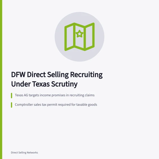 Card on DFW direct selling recruiting, Texas enforcement, permits and pay. What drives direct selling recruiting in Dallas-Fort Worth, Texan?