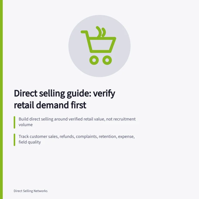 Card summarizing direct selling guidance on retail demand, tracking, and stopping bad practices. Direct selling: a focused business guide for 2027