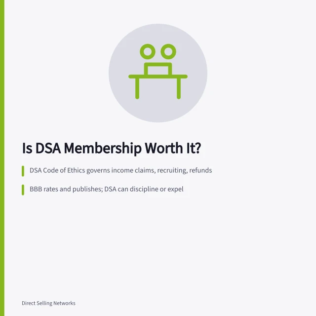 Card comparing DSA membership ethics, BBB complaints, and vetting steps. Is DSA membership worth it for US direct selling companies?
