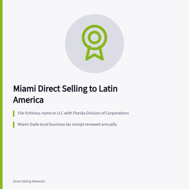 Card summarizing Florida registration, Miami-Dade tax, and bilingual distributor practices. Miami network marketing and cross-border rules for Latin America