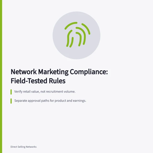 Network marketing compliance card with three field-tested rules. Network marketing compliance: the version that survives contact with reality