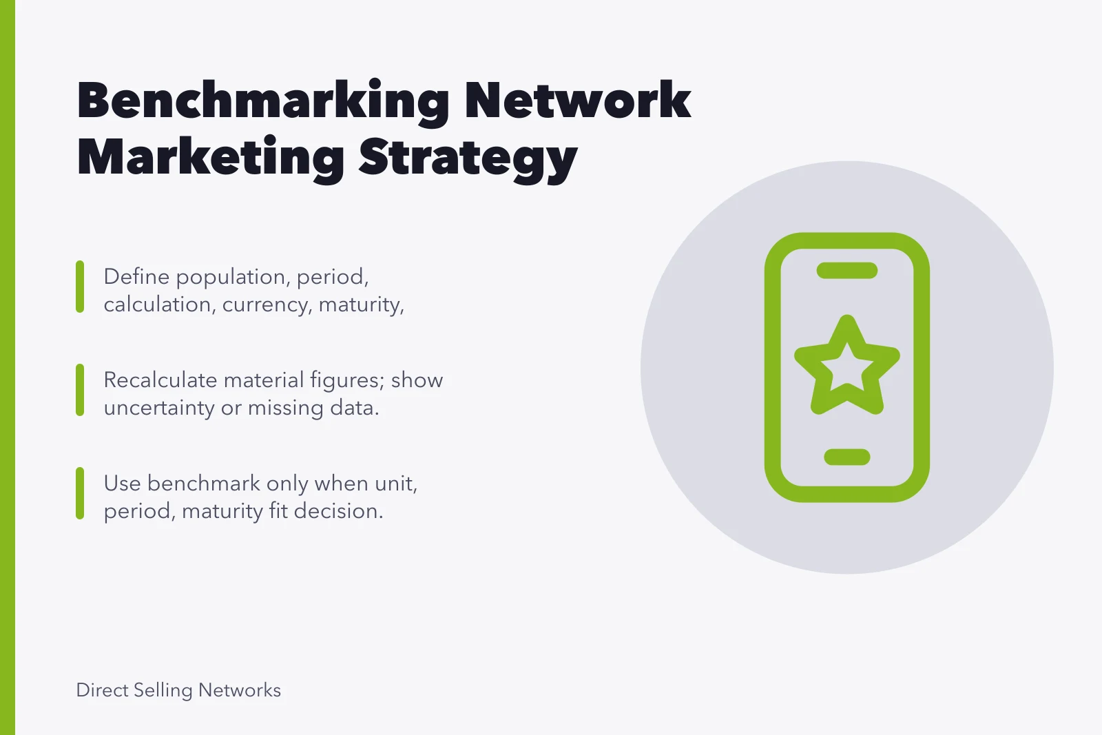 Card summarizing network marketing strategy benchmark steps and criteria. Strategy benchmarks: what separates growing network marketing teams