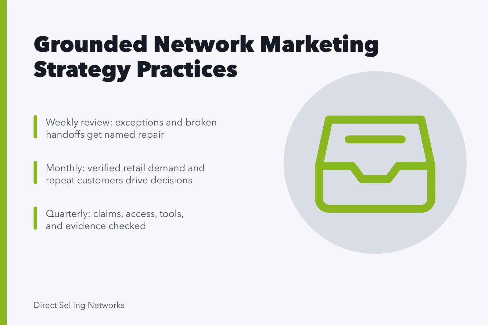 Card outlining weekly, monthly, quarterly network marketing strategy review practices. Strategy practices that keep network marketing plans grounded