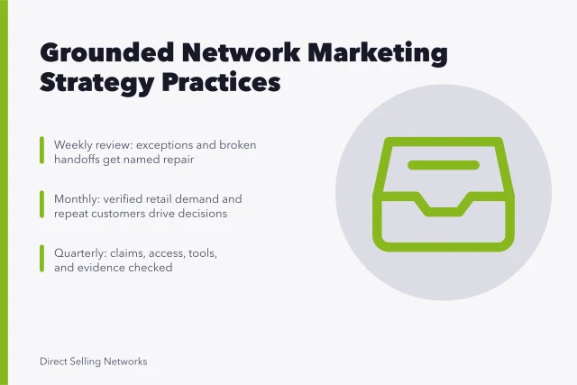 Card outlining weekly, monthly, quarterly network marketing strategy review practices. Strategy practices that keep network marketing plans grounded