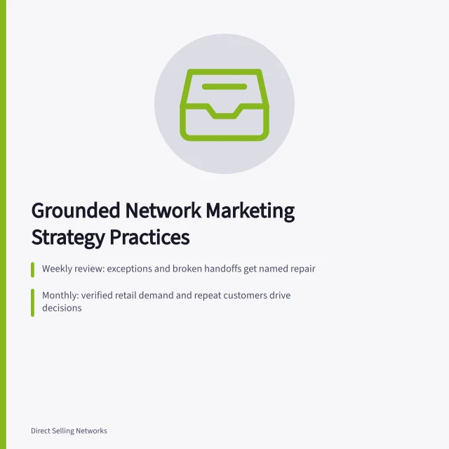 Card outlining weekly, monthly, quarterly network marketing strategy review practices. Strategy practices that keep network marketing plans grounded