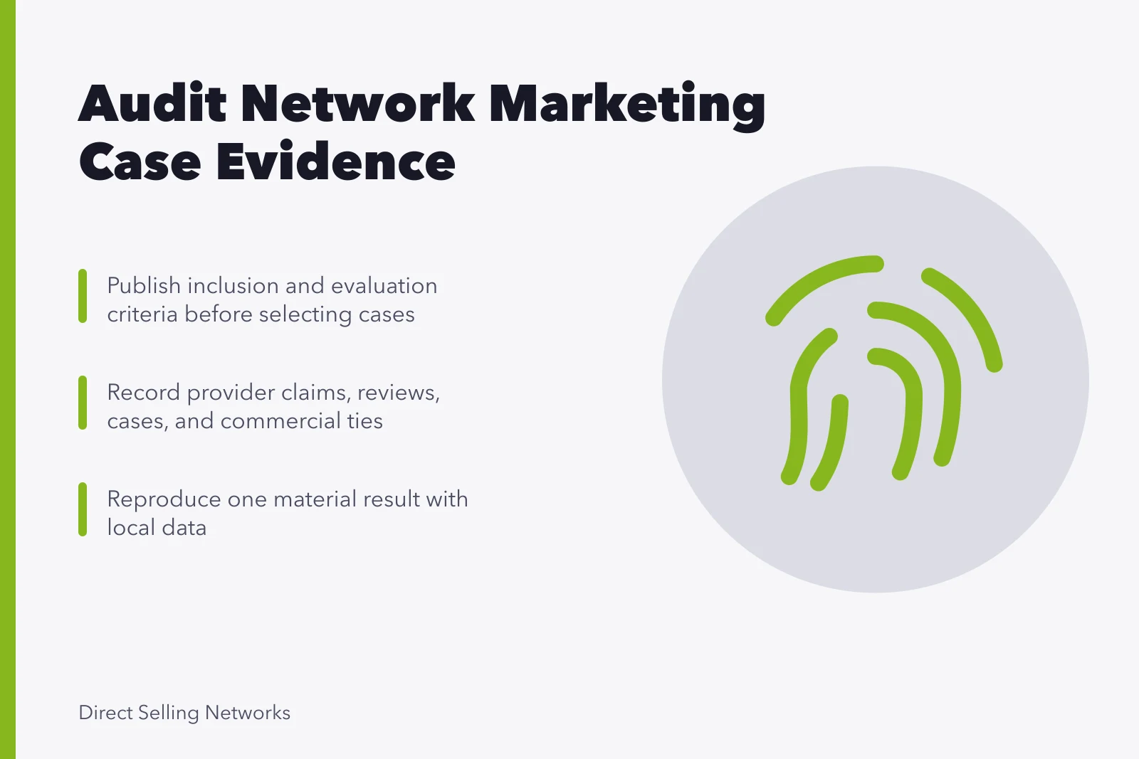 Card summarizing network marketing case study evidence audit steps. Documented network marketing strategy cases, compared side by side