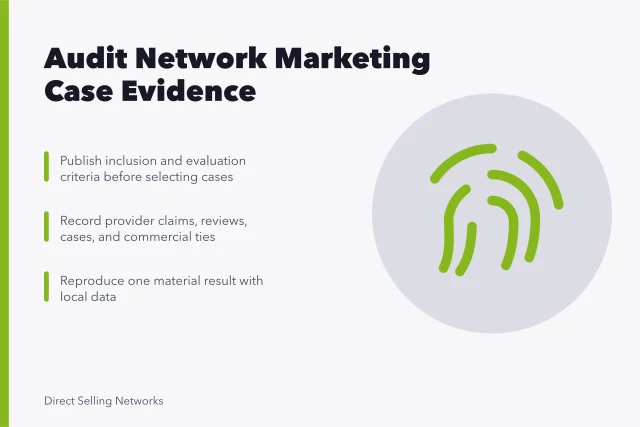 Card summarizing network marketing case study evidence audit steps. Documented network marketing strategy cases, compared side by side