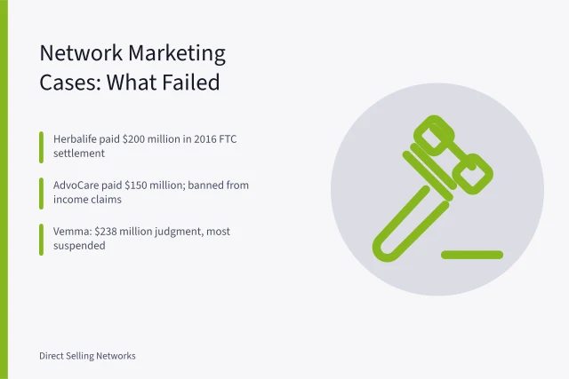 Card summarizing FTC network marketing settlements and autoship failures. Network marketing strategy case studies: what worked and what failed