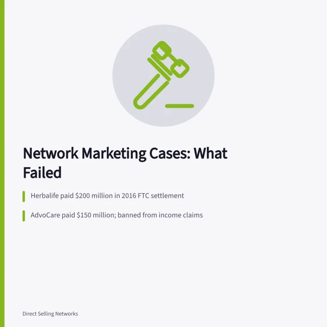 Card summarizing FTC network marketing settlements and autoship failures. Network marketing strategy case studies: what worked and what failed