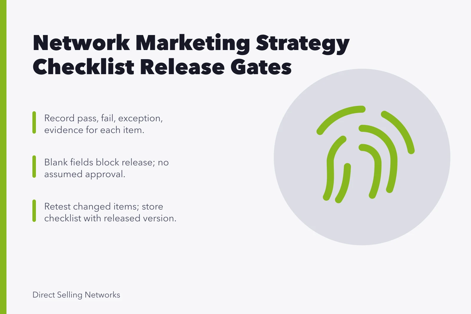 Checklist card with release gates, evidence fields, and retest rules. Network marketing strategy checklist, from first line to sign-off