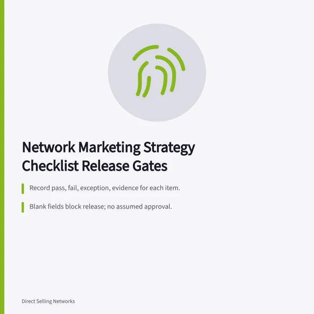 Checklist card with release gates, evidence fields, and retest rules. Network marketing strategy checklist, from first line to sign-off