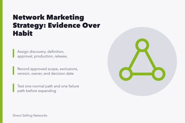 Card outlining staged network marketing strategy workflow with named roles and tests. Developing network marketing strategy from evidence, not habit