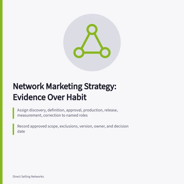 Card outlining staged network marketing strategy workflow with named roles and tests. Developing network marketing strategy from evidence, not habit