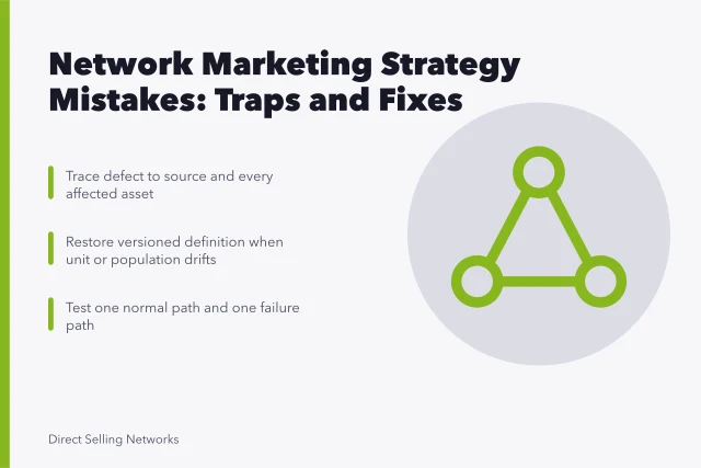 Card summarizing network marketing strategy mistakes and correction steps. Network marketing strategy mistakes: the traps and the way around them