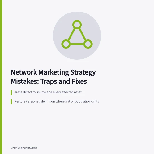 Card summarizing network marketing strategy mistakes and correction steps. Network marketing strategy mistakes: the traps and the way around them
