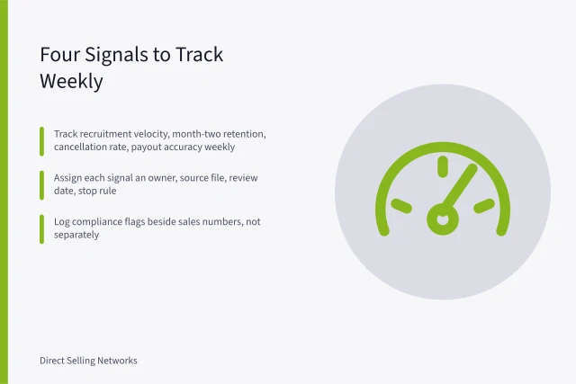 Card listing four weekly network marketing signals and stop rules. Network Marketing Strategy Signals in 2027: What US Reps Should Track