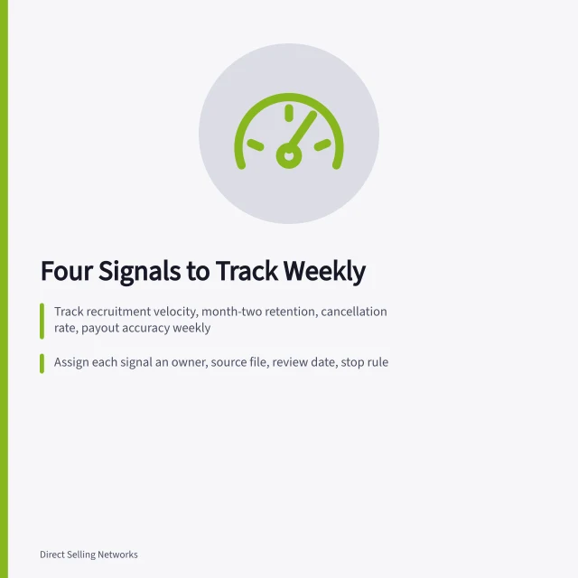 Card listing four weekly network marketing signals and stop rules. Network Marketing Strategy Signals in 2027: What US Reps Should Track
