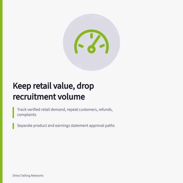 Card summarizing network marketing strategy: retail demand, statement approvals, voluntary exit. Network marketing strategy: what to keep and what to drop