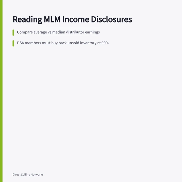 Card summarizing how to read network marketing income disclosure statements. Reading US income disclosure statements under FTC and DSA rules