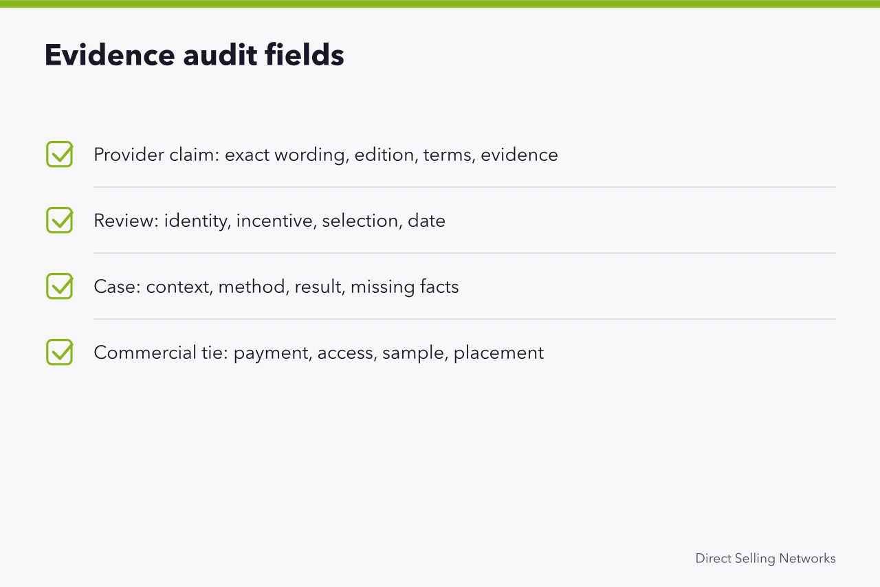 Checklist of evidence audit fields for training provider claims (Training companies for network marketing programs: a vetting guide)