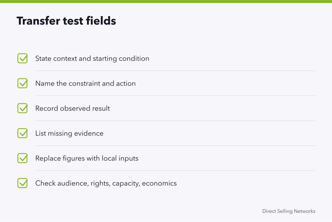 Checklist of six fields for transferring a direct selling example (Real direct selling examples that hold up under scrutiny)