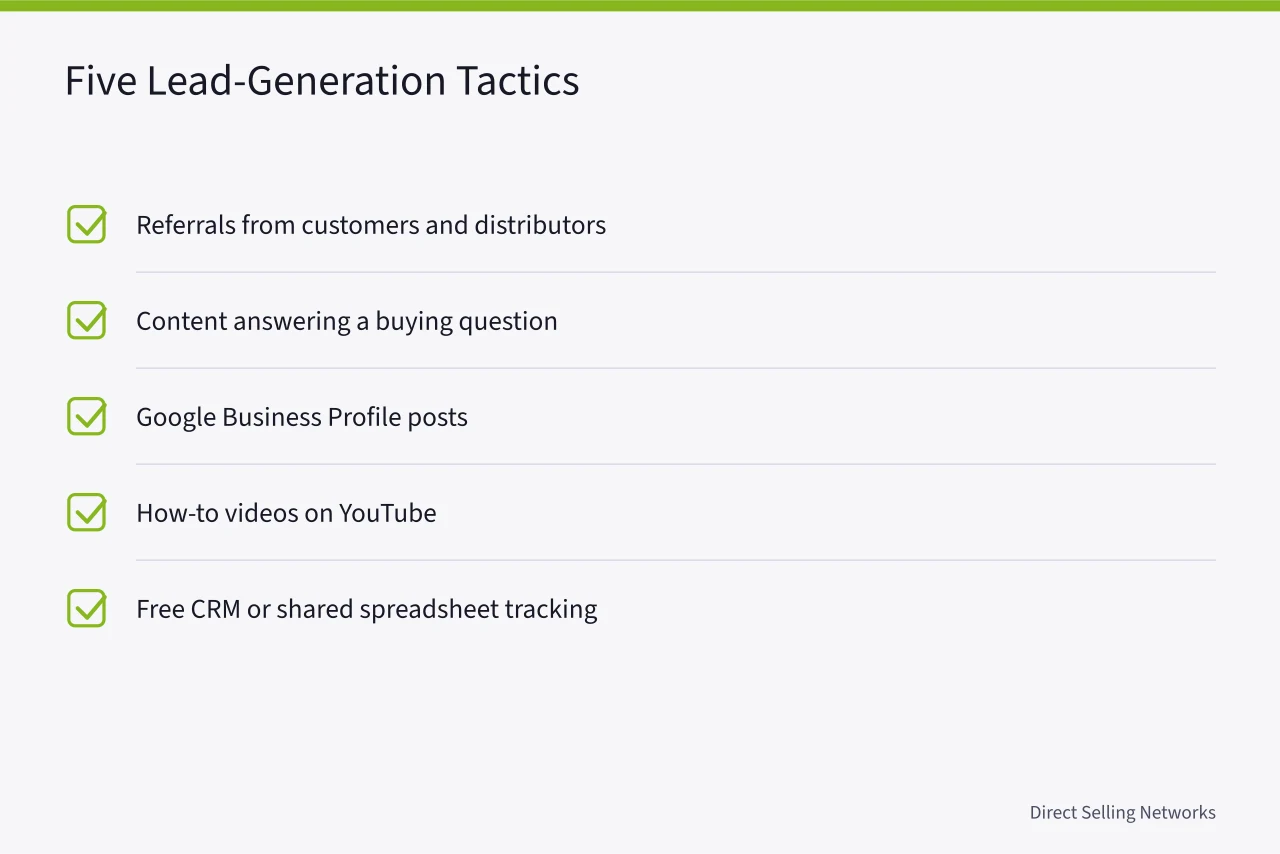 Checklist of five lead-generation tactics including referrals, content, local posts, videos, and free CRM tracking (How to improve network marketing lead generation)